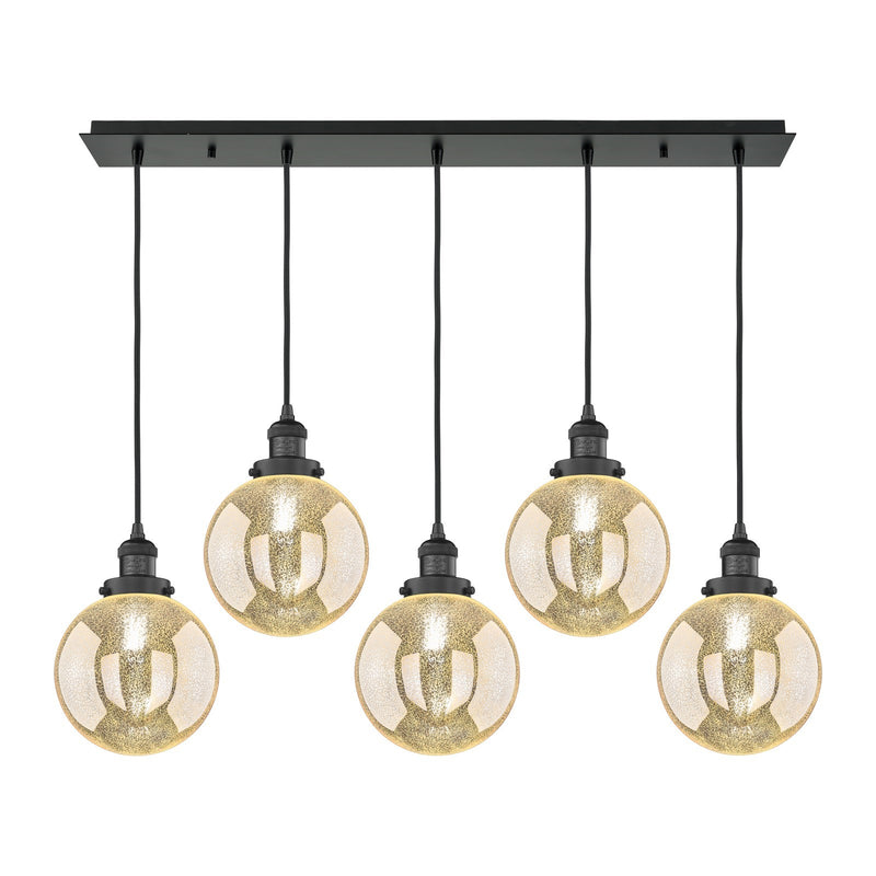 Innovations Beacon 40in 5-Light Linear Pendant | Art Deco Matte Black Steel and Mercury Seeded Glass | Kitchen Island & Dining | Model 125F-5P-BK-G208-8