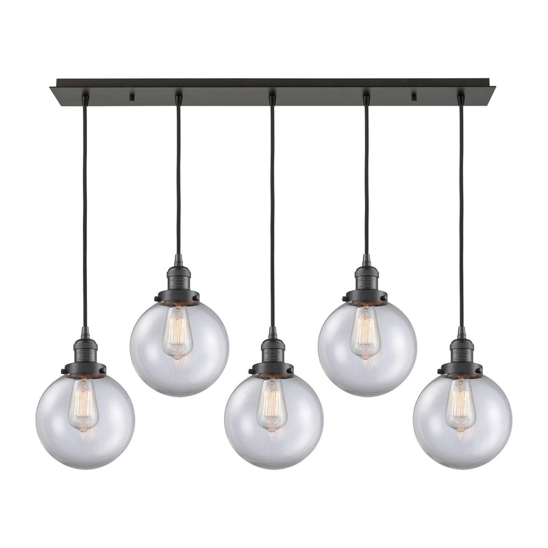 Innovations Beacon 40in 5-Light Linear Pendant | Art Deco Oil Rubbed Bronze Steel and Clear Glass | Kitchen Island & Dining Room | Model 125F-5P-OB-G202-8