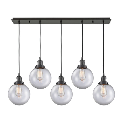 Innovations Beacon 40in 5-Light Linear Pendant | Art Deco Oil Rubbed Bronze Steel and Clear Glass | Kitchen Island & Dining Room | Model 125F-5P-OB-G202-8