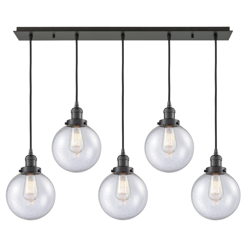 Innovations Beacon 40in 5-Light Linear Pendant | Art Deco Oil Rubbed Bronze Steel and Seedy Glass | Kitchen Island & Dining Room | Model 125F-5P-OB-G204-8