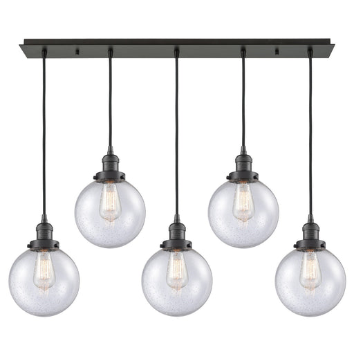 Innovations Beacon 40in 5-Light Linear Pendant | Art Deco Oil Rubbed Bronze Steel and Seedy Glass | Kitchen Island & Dining Room | Model 125F-5P-OB-G204-8