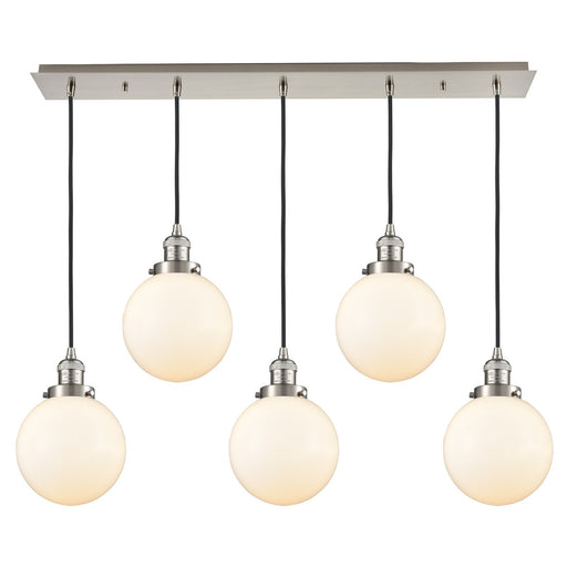 Innovations Beacon 40in 5-Light Linear Pendant | Art Deco Brushed Satin Nickel and Matte White Frosted Glass | Kitchen Island & | Model 125F-5P-SN-G201-8