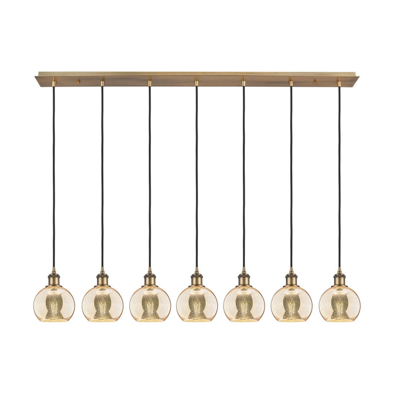 Innovations Athens 49in 7-Light Linear Pendant | Art Deco Brushed Brass Steel and Mercury Glass | Kitchen Island & Dining Room | Model 127B-7P-BB-G128-6