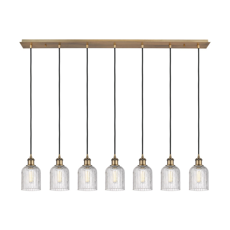 Innovations Bridal Veil 49in 7-Light Linear Pendant | Art Deco Brushed Brass and Clear Ribbed Glass | Kitchen Island & Dining | Model 127B-7P-BB-G559-5CL