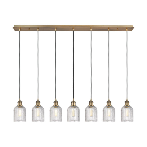 Innovations Bridal Veil 49in 7-Light Linear Pendant | Art Deco Brushed Brass and Clear Ribbed Glass | Kitchen Island & Dining | Model 127B-7P-BB-G559-5CL