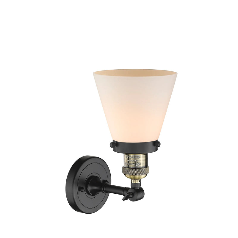 Innovations Lighting SM Cone 6in 1-Light Wall Sconce | Industrial Black Antique Brass and Matte White Cased Glass | Damp Location | Model 203-BAB-G61