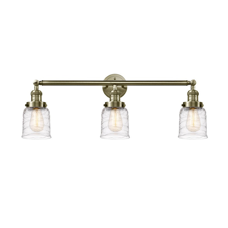 Innovations Franklin Restoration Bell 30in 3-Light LED Vanity | Industrial Farmhouse Antique Brass and Deco Swirl Glass | Bathroom | Model 205-AB-G513-LED
