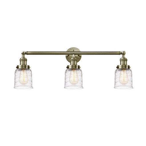 Innovations Franklin Restoration Bell 30in 3-Light LED Vanity | Industrial Farmhouse Antique Brass and Deco Swirl Glass | Bathroom | Model 205-AB-G513-LED