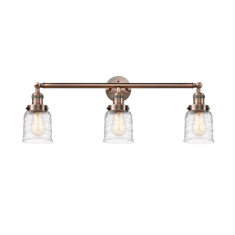 Innovations Franklin Restoration Bell 30in 3-Light LED Vanity | Industrial Farmhouse Antique Copper Steel and Deco Swirl Glass | Model 205-AC-G513-LED
