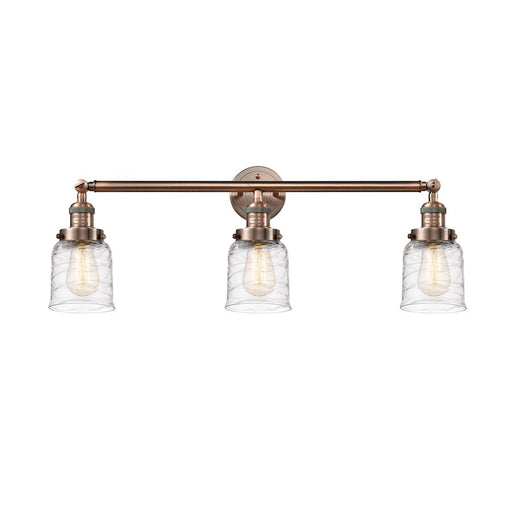 Innovations Franklin Restoration Bell 30in 3-Light LED Vanity | Industrial Farmhouse Antique Copper Steel and Deco Swirl Glass | Model 205-AC-G513-LED