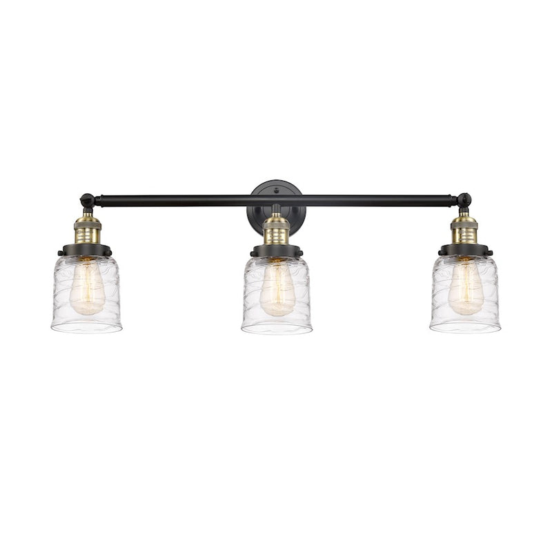 Innovations Franklin Restoration Bell 30in 3-Light Vanity | Industrial Black Antique Brass and Deco Swirl Glass | Bathroom Vanity | Model 205-BAB-G513