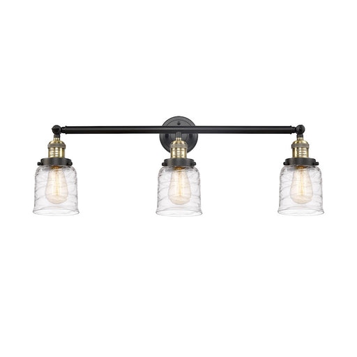Innovations Franklin Restoration Bell 30in 3-Light Vanity | Industrial Black Antique Brass and Deco Swirl Glass | Bathroom Vanity | Model 205-BAB-G513