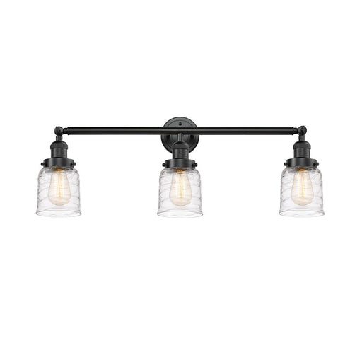 Innovations Franklin Restoration Bell 30in 3-Light Vanity | Industrial Oil Rubbed Bronze Steel and Deco Swirl Glass | Bathroom Vanity | Model 205-OB-G513