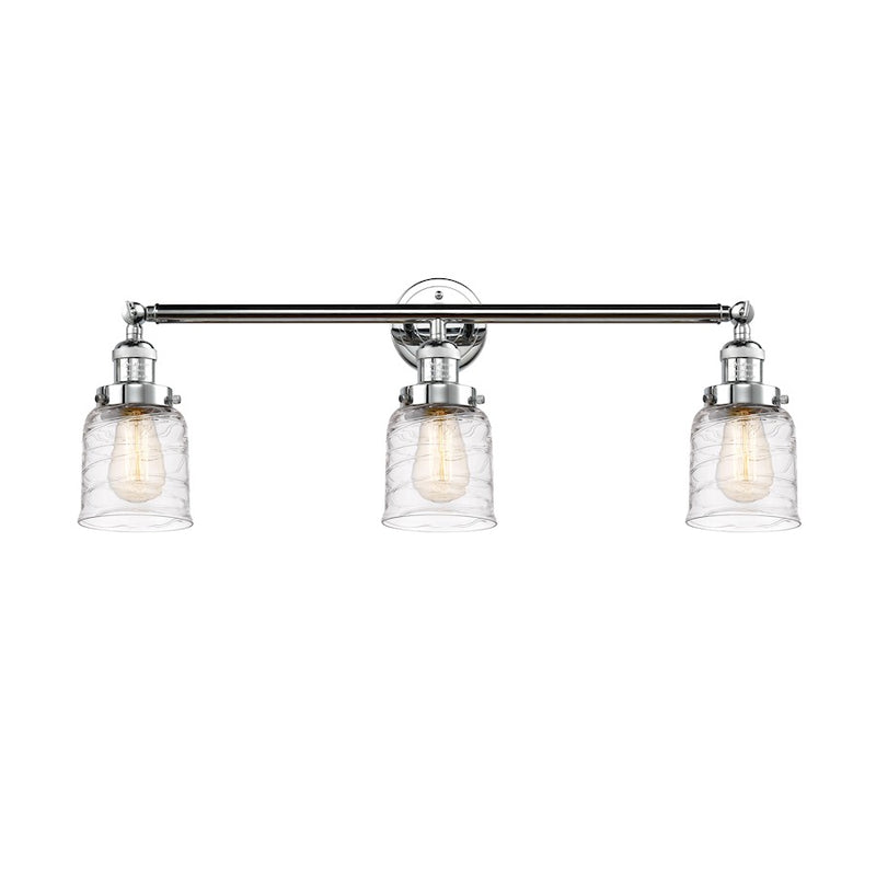 Innovations Franklin Restoration Bell 30in 3-Light Vanity | Industrial Farmhouse Polished Chrome and Deco Swirl Glass | Bathroom | Model 205-PC-G513
