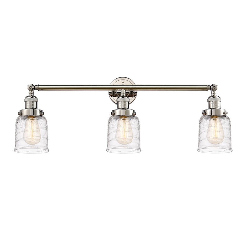Innovations Franklin Restoration Bell 30in 3-Light Vanity | Industrial Polished Nickel and Deco Swirl Glass | Bathroom Vanity | Model 205-PN-G513