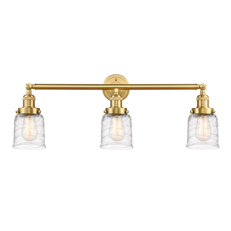 Innovations Franklin Restoration Bell 30in 3-Light LED Vanity | Industrial Farmhouse Satin Gold Steel and Cast Brass with Deco | Model 205-SG-G513-LED