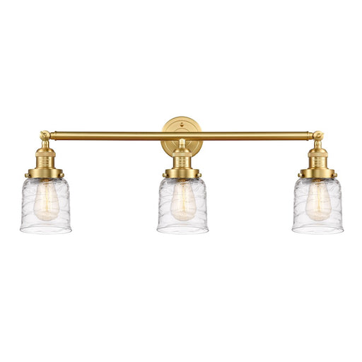 Innovations Franklin Restoration Bell 30in 3-Light LED Vanity | Industrial Farmhouse Satin Gold Steel and Cast Brass with Deco | Model 205-SG-G513-LED