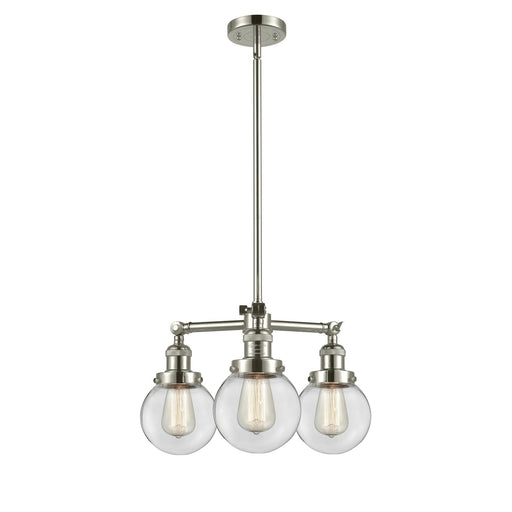 Innovations Beacon 19in 3-Light Chandelier | Industrial Polished Nickel and Clear Globe Glass | Dining Room & Foyer | Model 207-PN-G202-6-LED