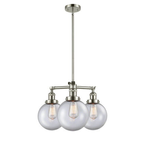 Innovations Beacon 22in 3-Light Chandelier | Industrial Polished Nickel and Clear Globe Glass | Kitchen Island & Dining Room | Model 207-PN-G202-8-LED