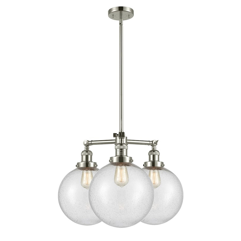 Innovations XL Beacon 3-Light LED Chandelier | Industrial Polished Nickel and Seeded Glass | Dining Room & Living Room | Model 207-PN-G204-10-LED
