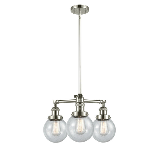 Innovations Beacon 19in 3-Light Chandelier | Industrial Polished Nickel and Seedy Glass Globe Shades | Dining Room & Kitchen Island | Model 207-PN-G204-6