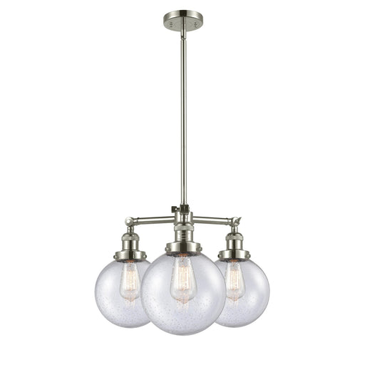 Innovations Lighting Globe Beacon 22in 3-Light Chandelier | Industrial Polished Nickel Brass and Seedy Glass | Dining Room & Foyer | Model 207-PN-G204-8