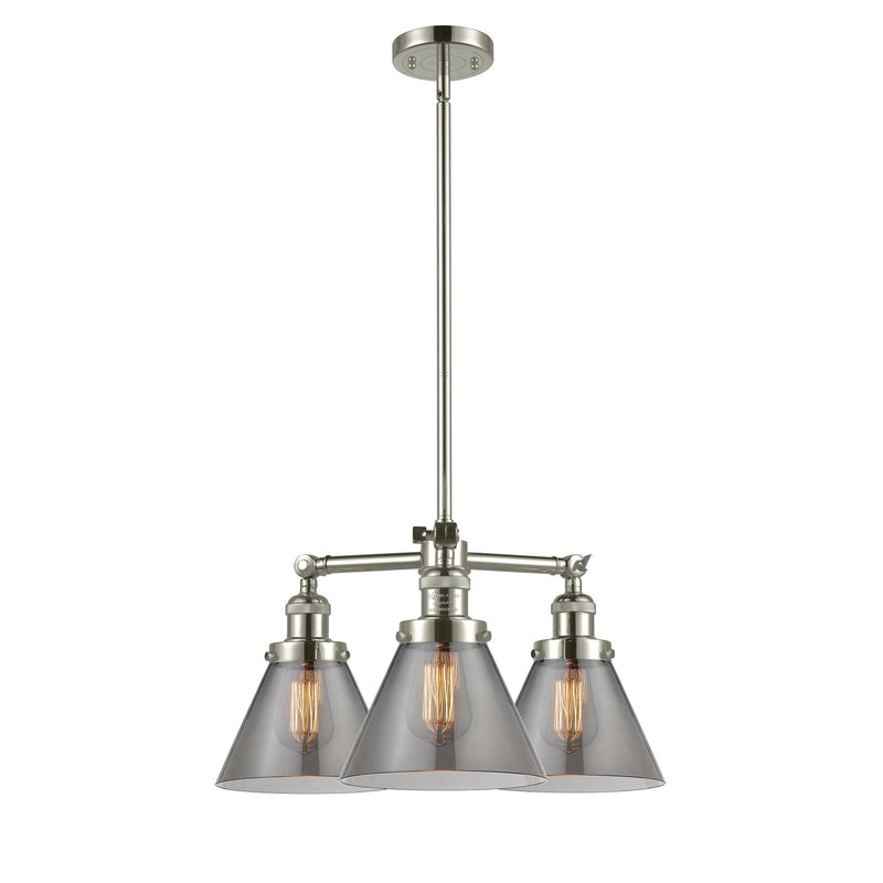 Innovations Lighting Large Cone 22in 3-Light Chandelier | Industrial Polished Nickel Cast Brass and Smoked Glass | Dining Room & Living | Model 207-PN-G43