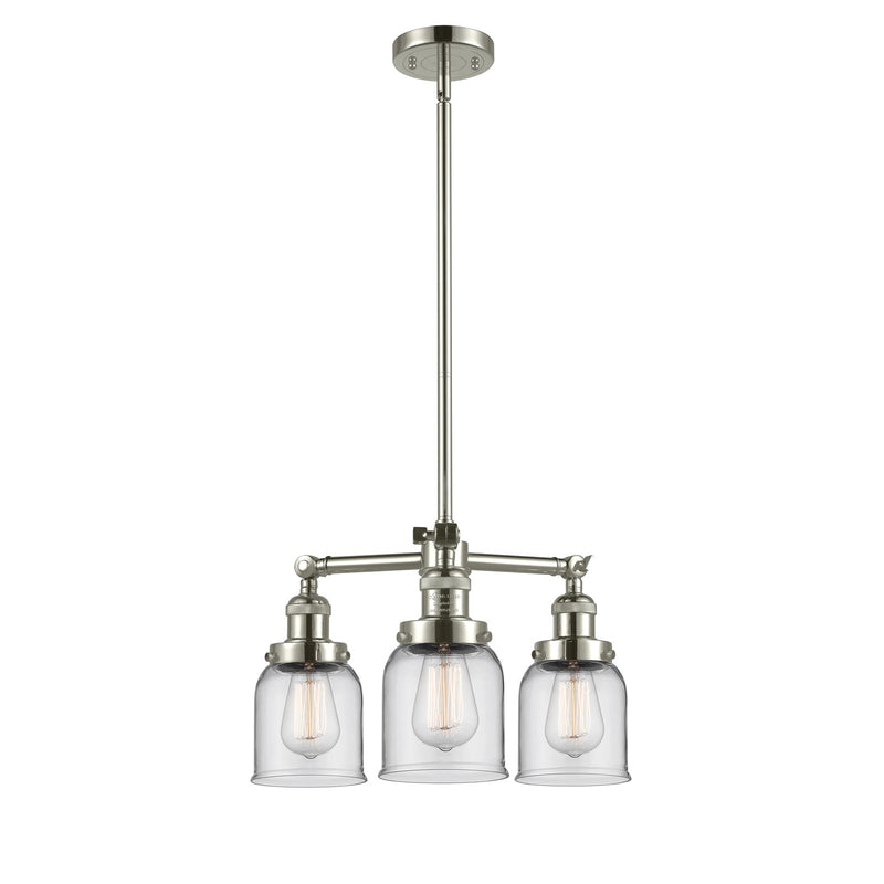 Innovations Lighting Small Bell 19in 3-Light Chandelier | Industrial Polished Nickel and Clear Glass | Damp Rated Kitchen & Dining Room | Model 207-PN-G52