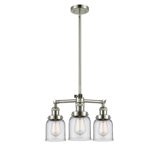 Innovations Lighting Small Bell 19in 3-Light Chandelier | Industrial Polished Nickel and Clear Glass | Damp Rated Kitchen & Dining Room | Model 207-PN-G52