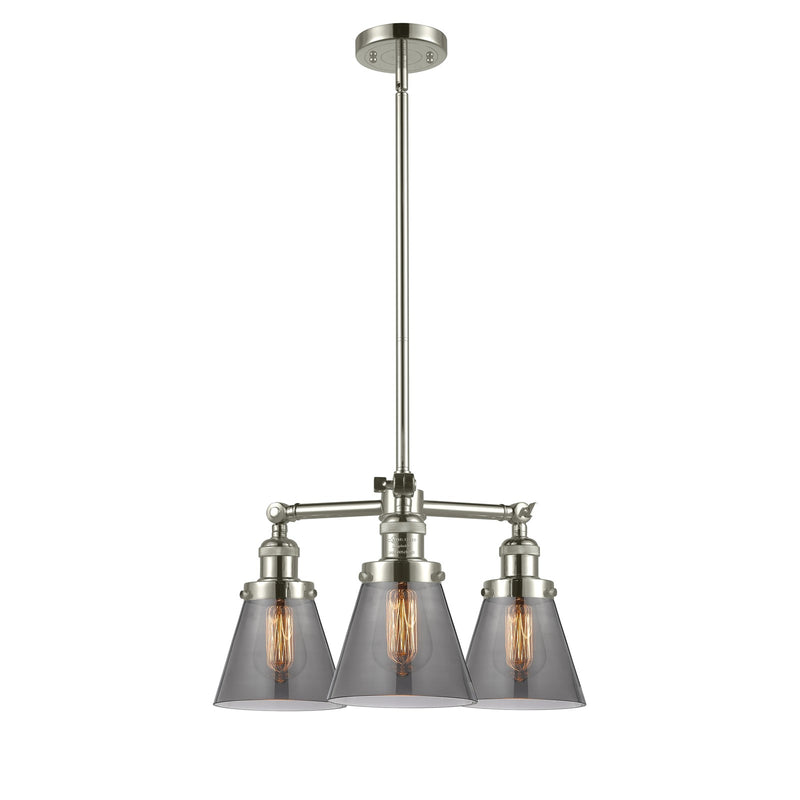 Innovations Lighting Small Cone 19in 3-Light Chandelier | Industrial Polished Nickel and Smoked Glass | Kitchen Island & Dining Room | Model 207-PN-G63