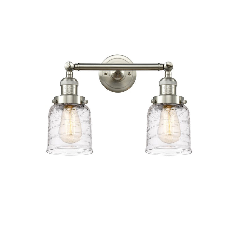 Innovations Franklin Restoration Bell 16in 2-Light LED Vanity | Industrial Brushed Satin Nickel Steel and Deco Swirl Glass | Model 208-SN-G513-LED