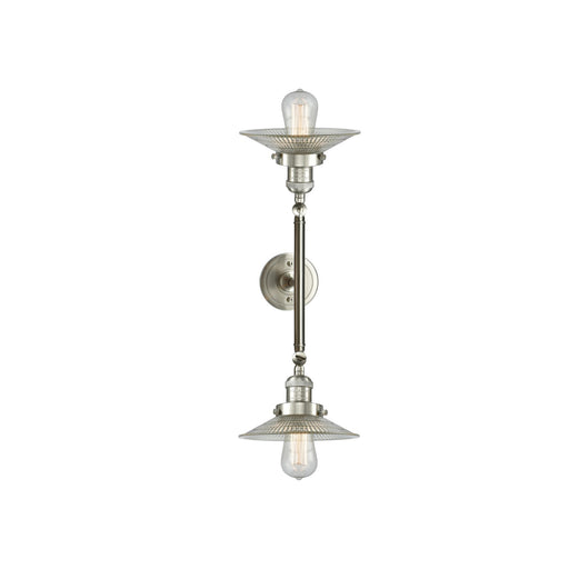 Innovations Halophane 2-Light Vanity Light | Industrial Brushed Satin Nickel and Clear Halophane Glass | Bathroom Vanity & Powder | Model 208L-SN-G2-LED