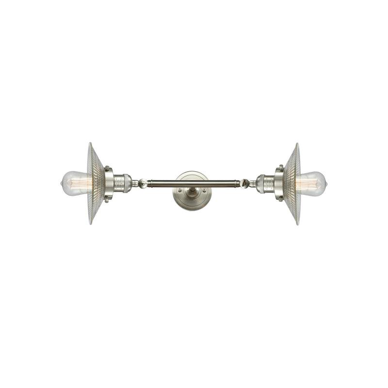 Innovations Halophane 2-Light Vanity Light | Industrial Brushed Satin Nickel and Clear Halophane Glass | Bathroom Vanity & Powder | Model 208L-SN-G2-LED