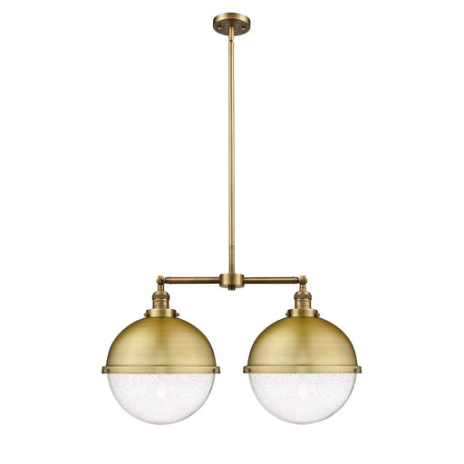 Innovations Franklin Restoration Hampden 18in 2-Light Island Light | Traditional Brushed Brass and Seedy Glass | Kitchen Island | Model 209-BB-HFS-124-BB