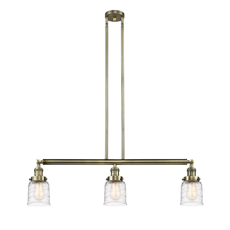 Innovations Franklin Restoration Bell 37.5in 3-Light Island Light | Industrial Antique Brass and Deco Swirl Glass | Kitchen Island & | Model 213-AB-G513