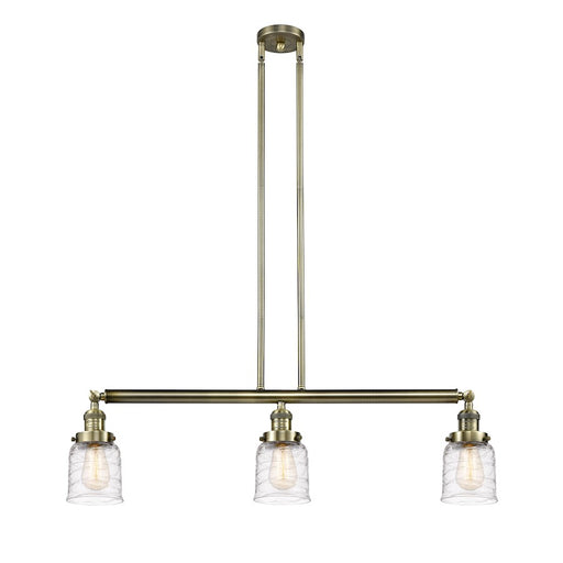 Innovations Franklin Restoration Bell 37.5in 3-Light Island Light | Industrial Antique Brass and Deco Swirl Glass | Kitchen Island & | Model 213-AB-G513