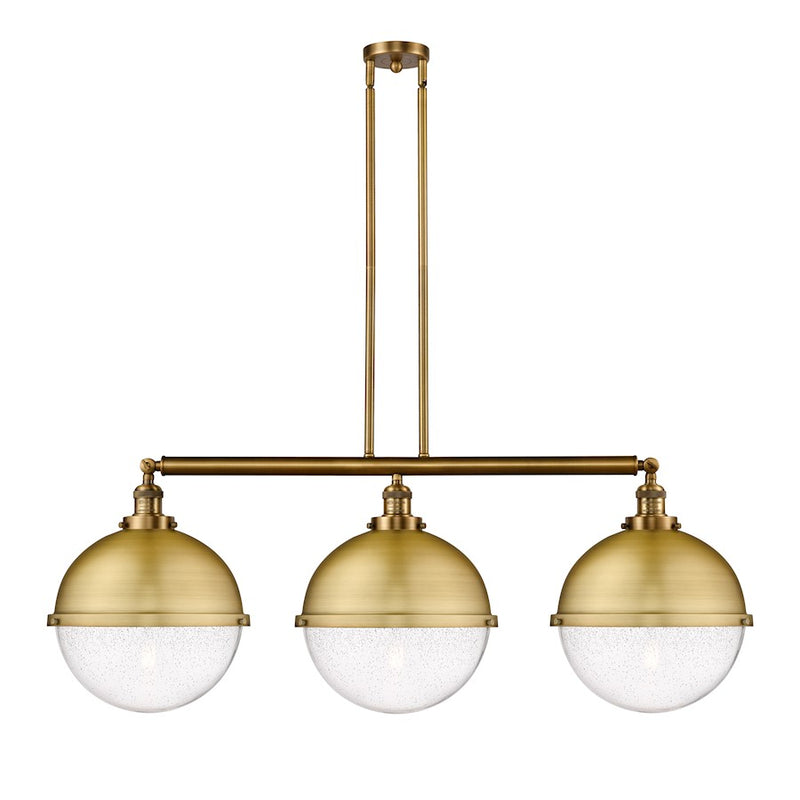 Innovations Franklin Restoration Hampden 45in 3-Light Island Light | Industrial Brushed Brass and Seedy Glass | Kitchen Island & | Model 213-BB-HFS-124-BB