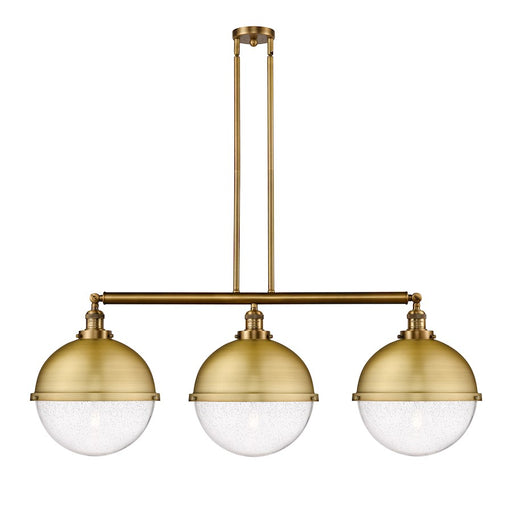 Innovations Franklin Restoration Hampden 45in 3-Light Island Light | Industrial Brushed Brass and Seedy Glass | Kitchen Island & | Model 213-BB-HFS-124-BB