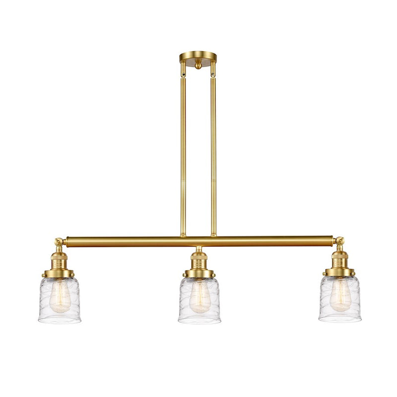Innovations Franklin Restoration Bell 37.5in 3-Light LED Island Light | Industrial Farmhouse Satin Gold Steel and Deco Swirl Glass | Model 213-SG-G513-LED