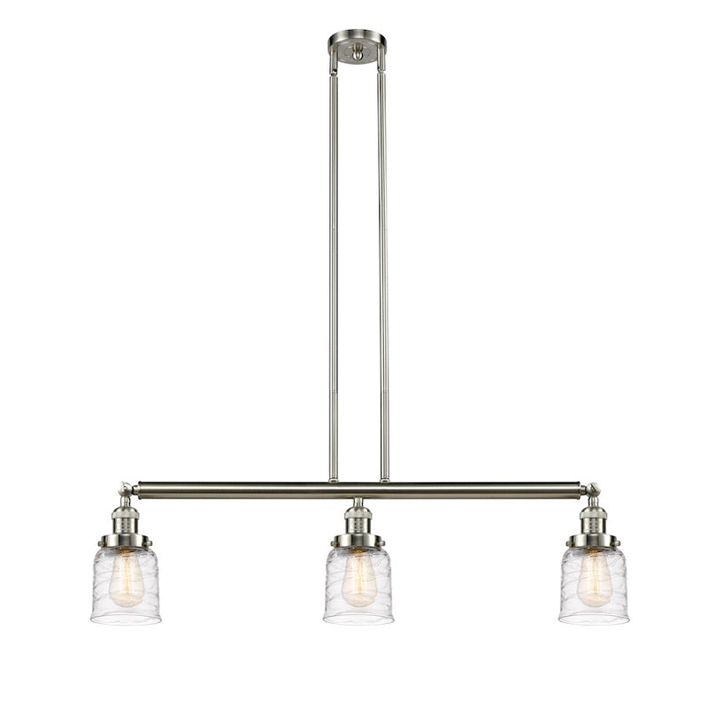 Innovations Franklin Restoration Bell 37.5in 3-Light Island Light | Industrial Farmhouse Brushed Satin Nickel and Deco Swirl Glass | Model 213-SN-G513