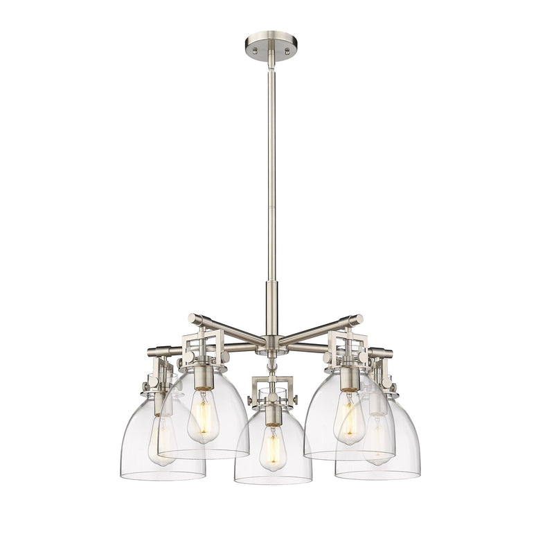 Innovations Newton Bell 26in 5-Light Chandelier | Industrial Satin Nickel and Clear Glass | Dining Room & Kitchen Island | Model 411-5CR-SN-G412-7CL