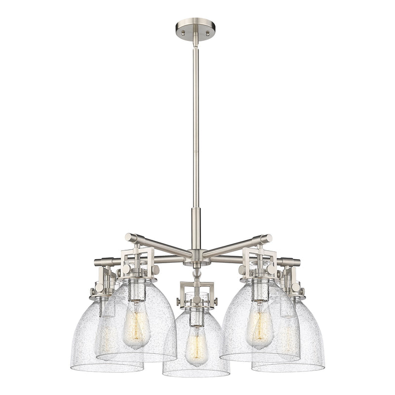 Innovations Newton Bell 26in 5-Light Chandelier | Industrial Satin Nickel and Seedy Glass | Kitchen Island & Dining Room | Model 411-5CR-SN-G412-7SDY