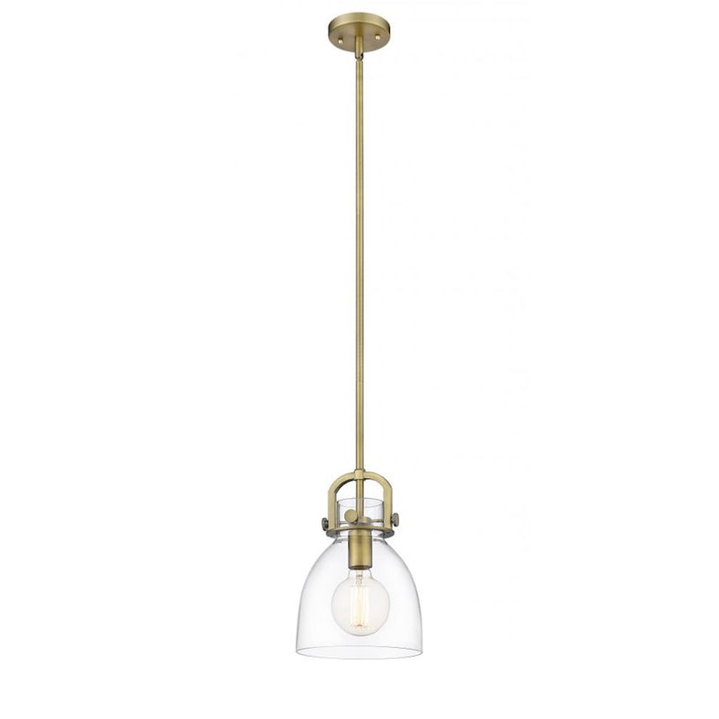 Innovations Newton Bell 8in 1-Light Mini Pendant | Restoration Brushed Brass and Clear Glass | Kitchen Island & Dining Room | Model 412-1S-BB-8CL-LED