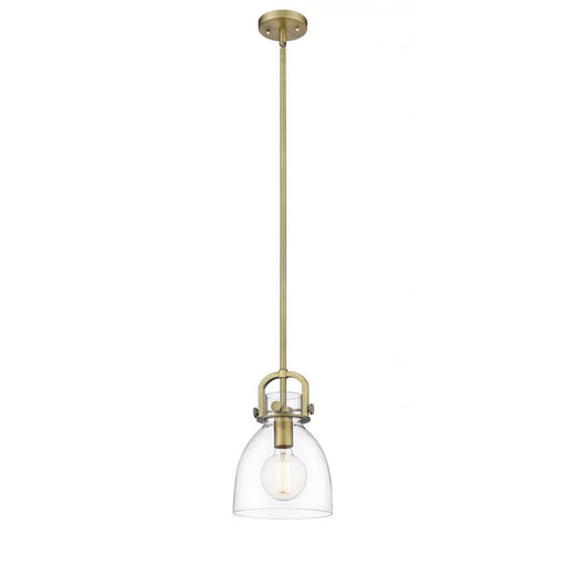 Innovations Newton Bell 8in 1-Light Mini Pendant | Restoration Brushed Brass and Clear Glass | Kitchen Island & Dining Room | Model 412-1S-BB-8CL-LED