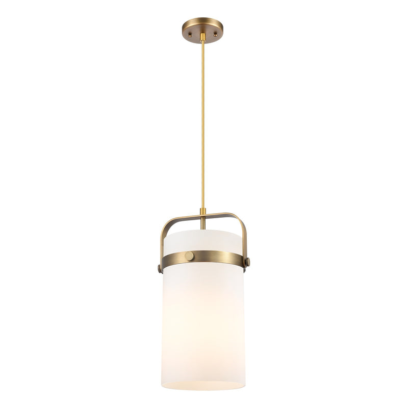 Innovations Pilaster 8in 1-Light Mini Pendant | Industrial Brushed Brass and Cased Matte White Glass | Kitchen Island | Model 413-1PM-BB-G413-1S-8WH