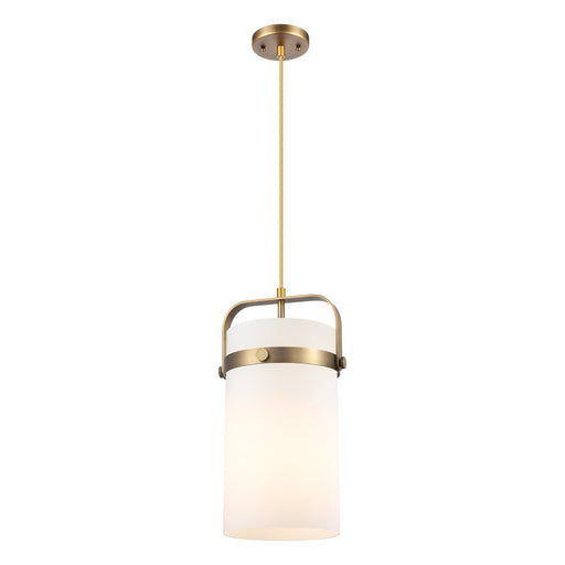 Innovations Pilaster 8in 1-Light Mini Pendant | Industrial Brushed Brass and Cased Matte White Glass | Kitchen Island | Model 413-1PM-BB-G413-1S-8WH