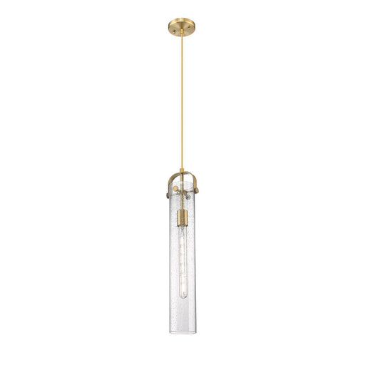 Innovations Pilaster 4.75in 1-Light Pendant | Industrial Brushed Brass and Seedy Glass | Kitchen Island & Dining Room | Model 413-1PS-BB-G413-1S-4SDY