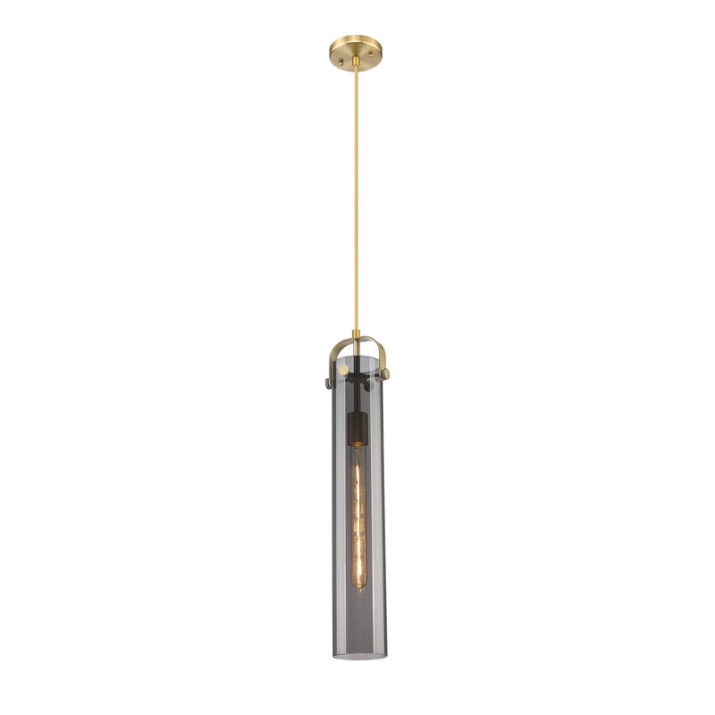 Innovations Pilaster 4.75in 1-Light Pendant | Industrial Brushed Brass and Light Smoke Glass | Kitchen Island & Dining | Model 413-1PS-BB-G413-1S-4SM