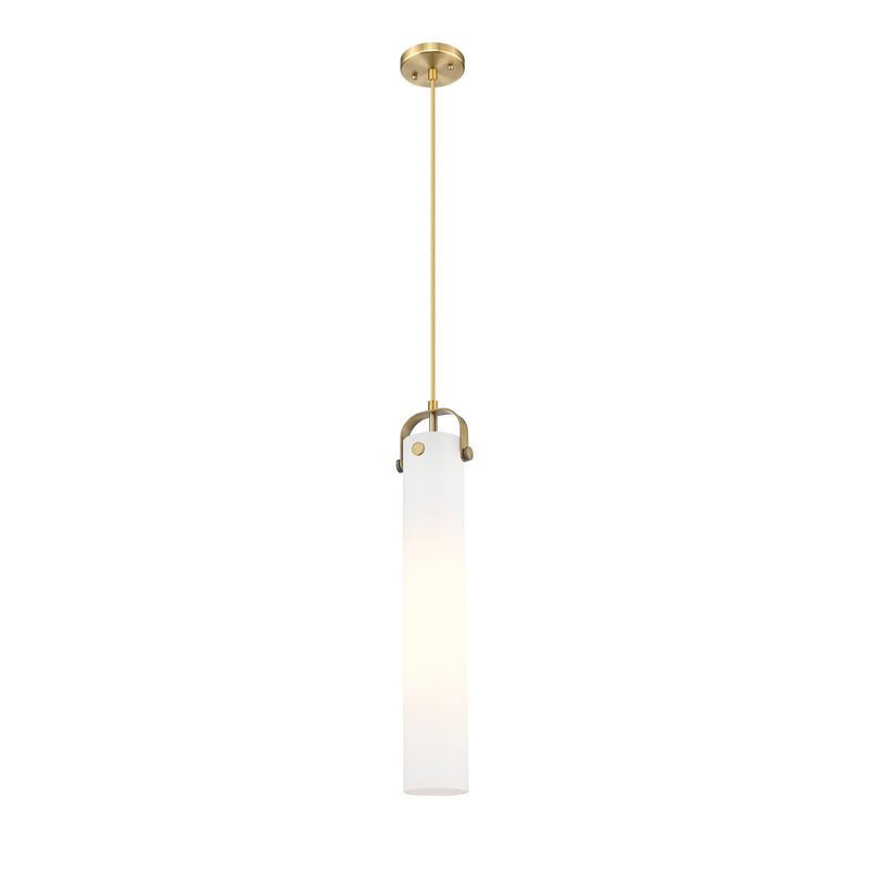 Innovations Pilaster 4.75in 1-Light Pendant | Industrial Brushed Brass and Cased Matte White Glass | Kitchen Island | Model 413-1PS-BB-G413-1S-4WH
