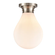 Innovations Genesis 14.75in 1-Light LED Flush Mount | Contemporary Satin Nickel Steel and White Glass Globe | Bedroom & Hallway | Model 414-1F-SN-10W-LED